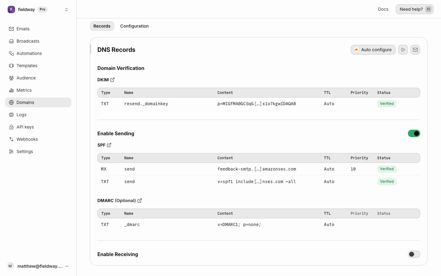 Resend's DNS records to copy